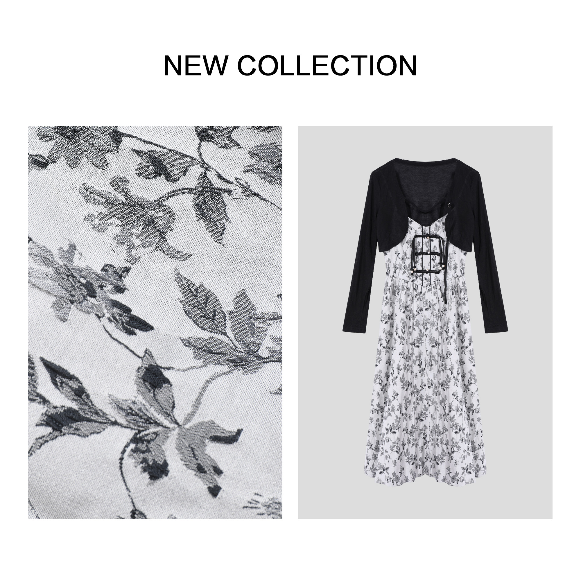 【婷婷专属】L3F28018黑白花卉针织开衫裙装组合-28018