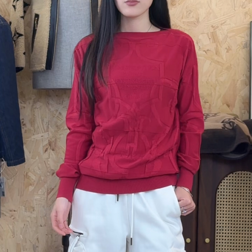 未使用 Hermes/爱马仕 红色一字领真丝棉质上衣 34码 GM005948