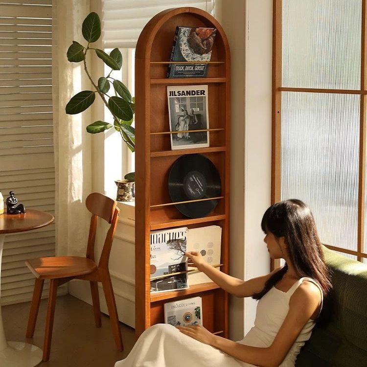 中古风实木全身镜可移动穿衣镜子落地书架旋转收纳置物柜一体