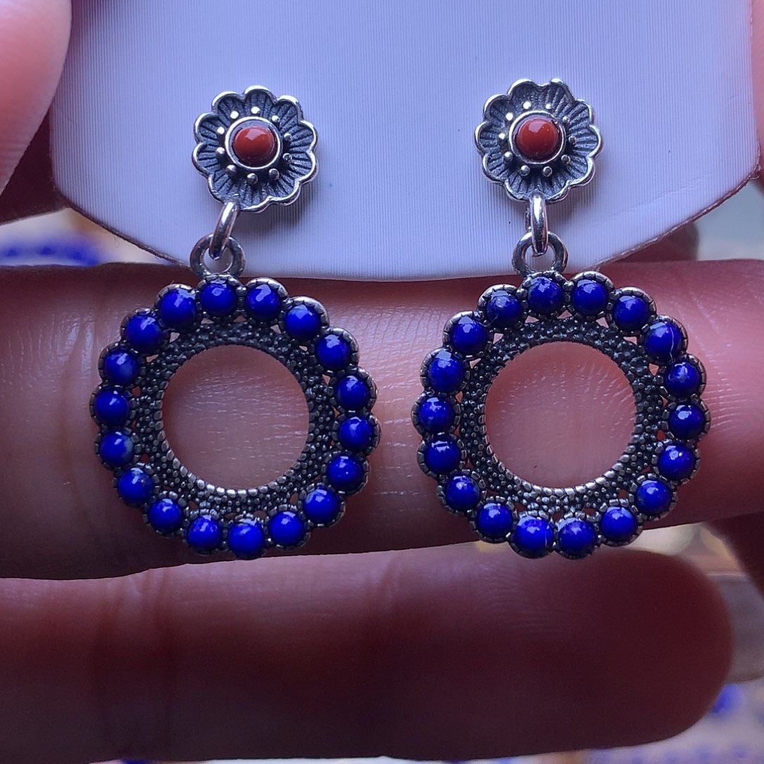 青金石银S925镶嵌耳饰17m