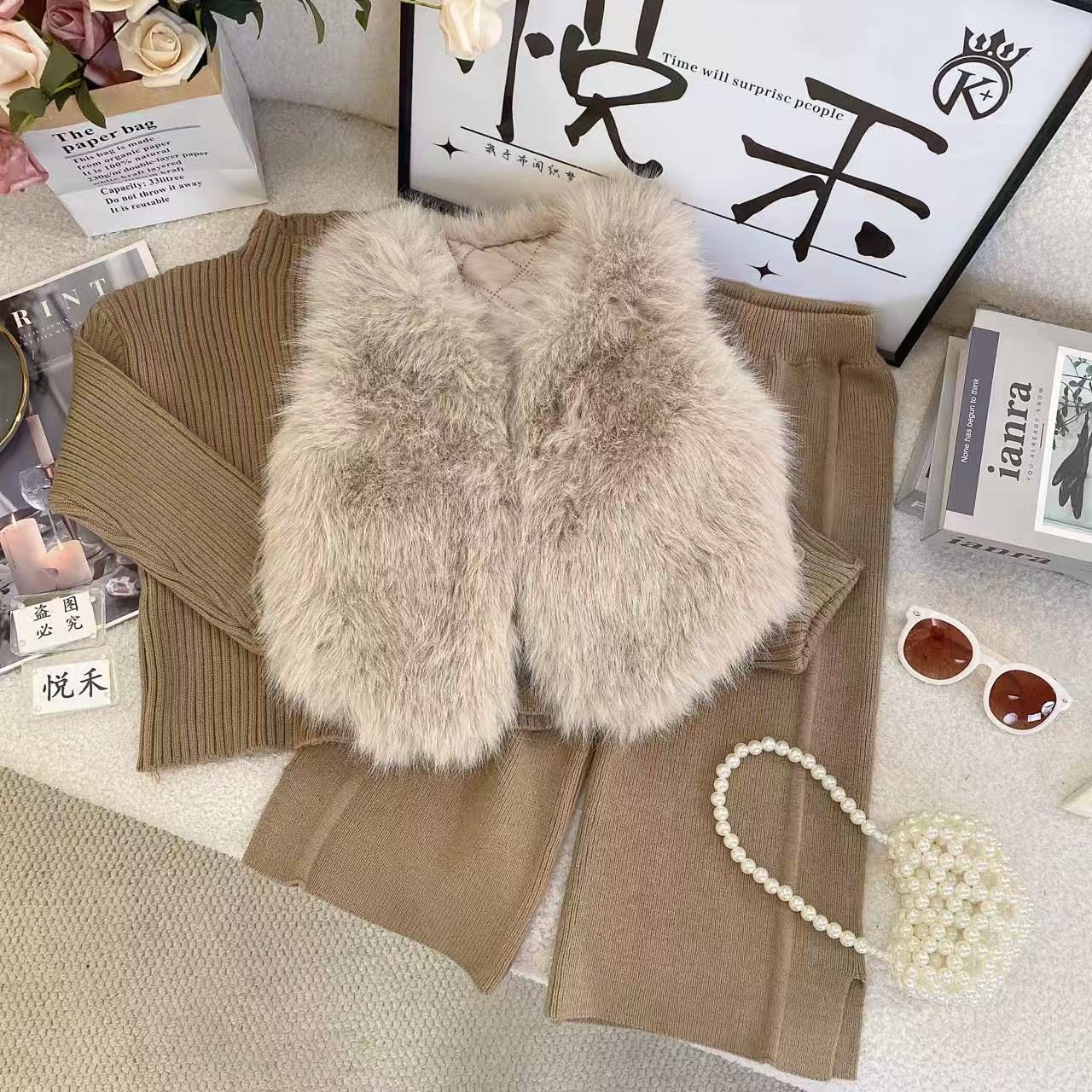 Y3【悦禾】儿童萌娃草草冬装阔腿裤秋冬款女童加厚洋气长裤套装6533