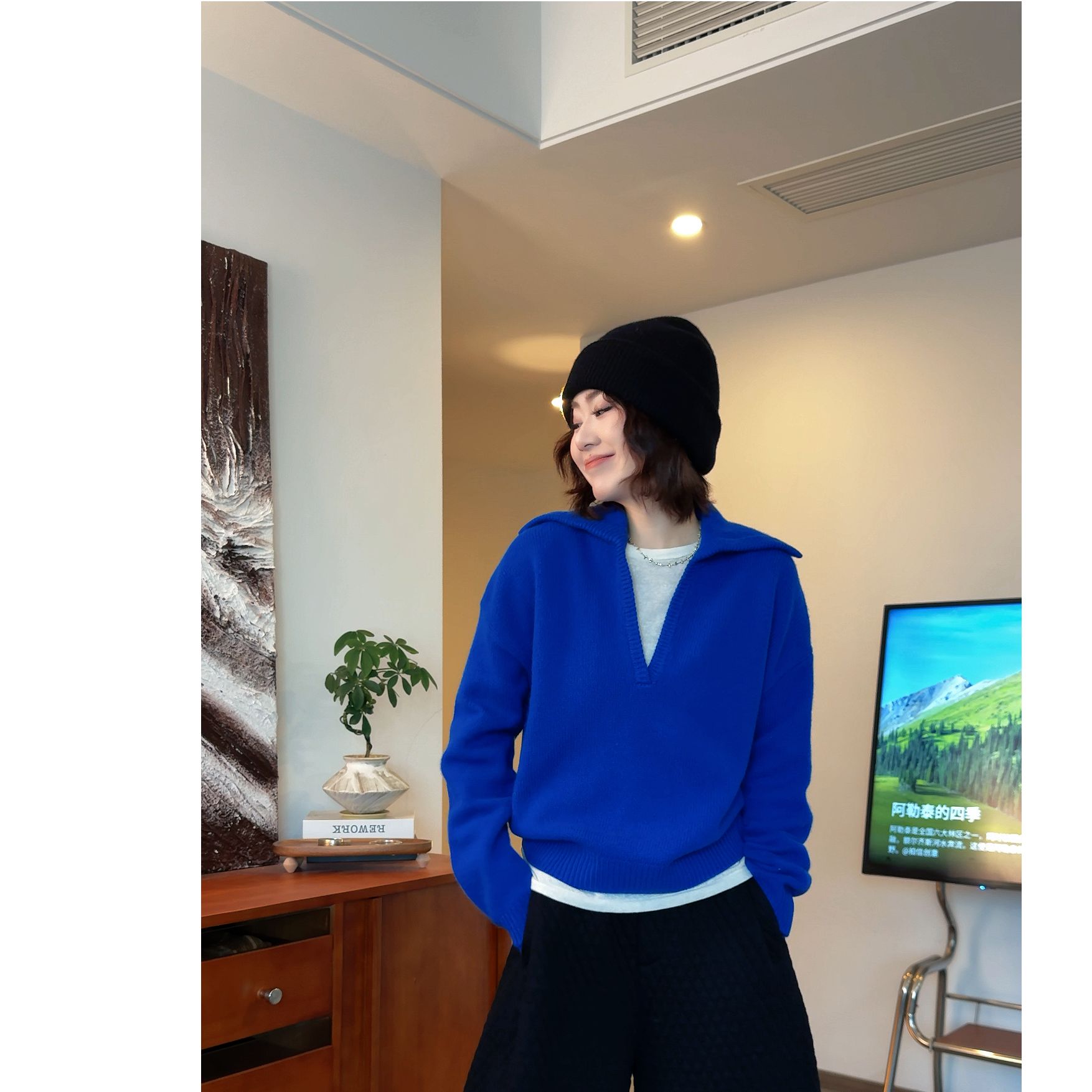 定染V领100羊毛翻领毛衣