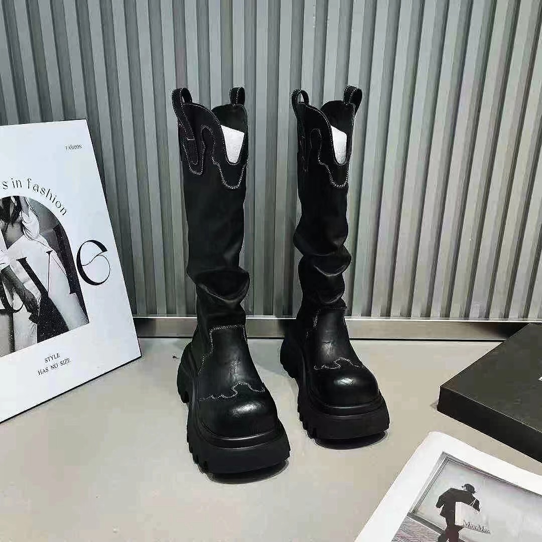 高帮百搭中筒套筒马丁靴黑色厚底靴子女靴圆头