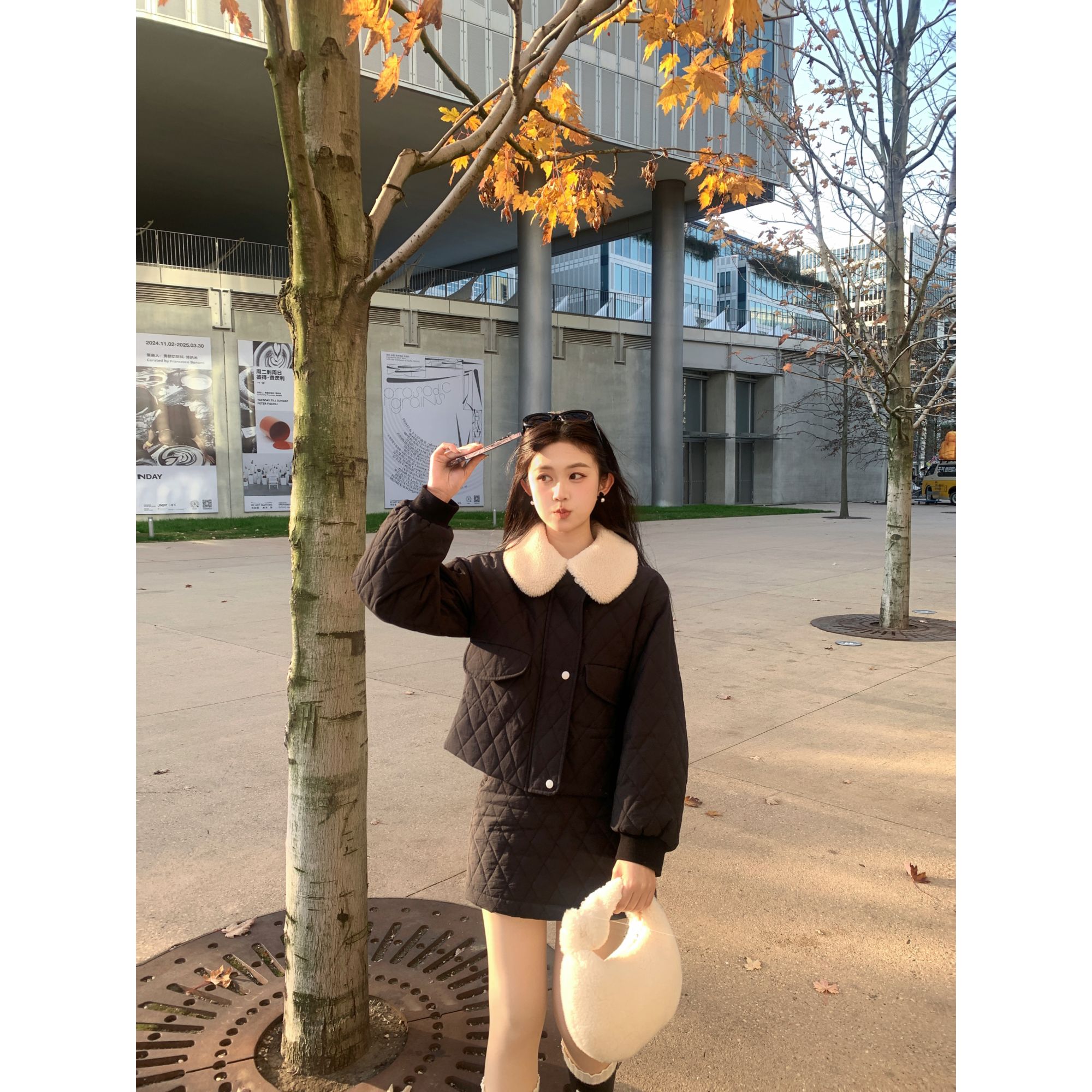 Zzhen【黑巧饼饼】黑色菱格绗棉棉服百搭别致半身裙两件套DTZ432