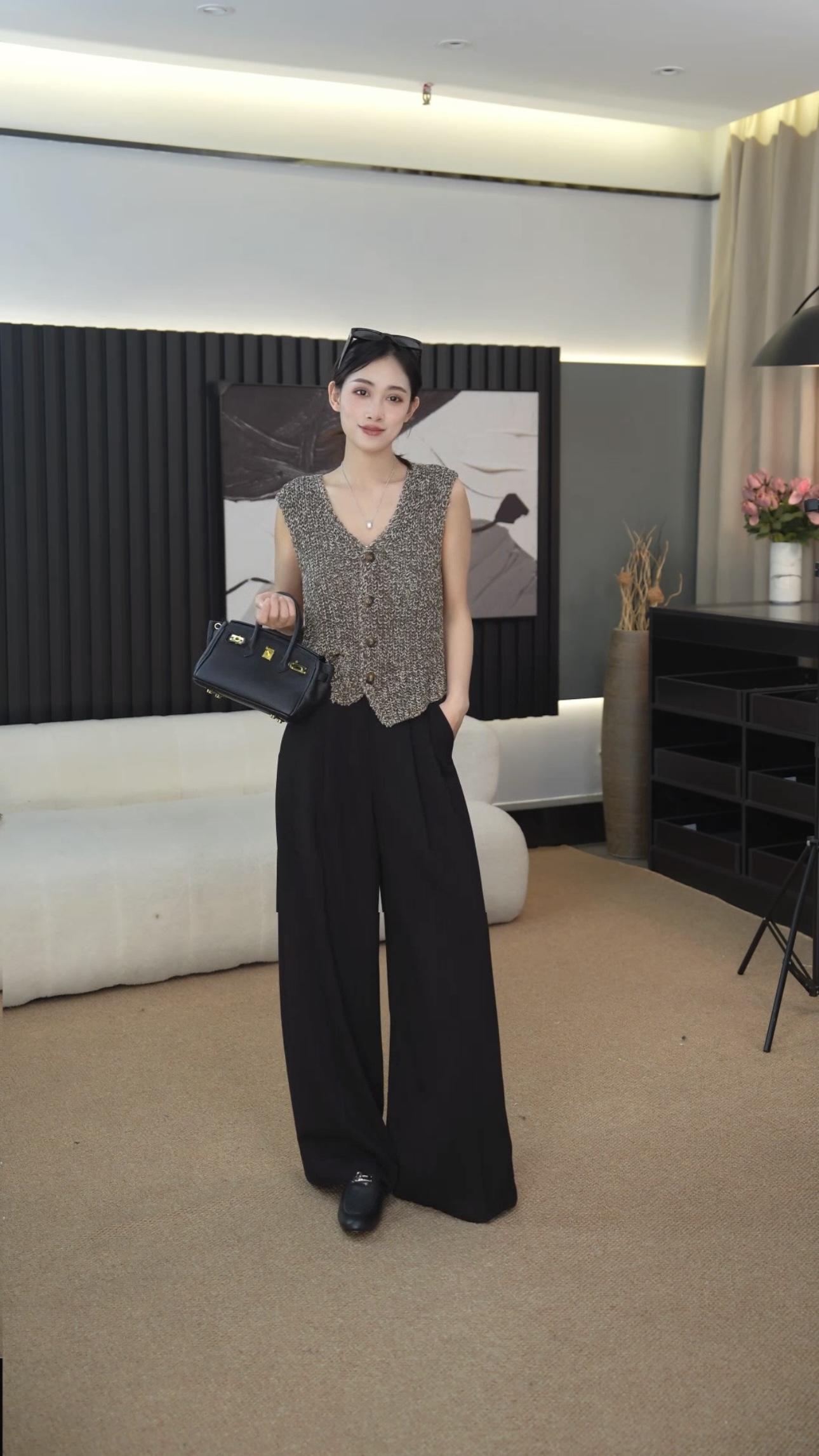 显瘦气质时尚休闲夏季设计师女装高腰百搭女士黑色宽松简约裤子