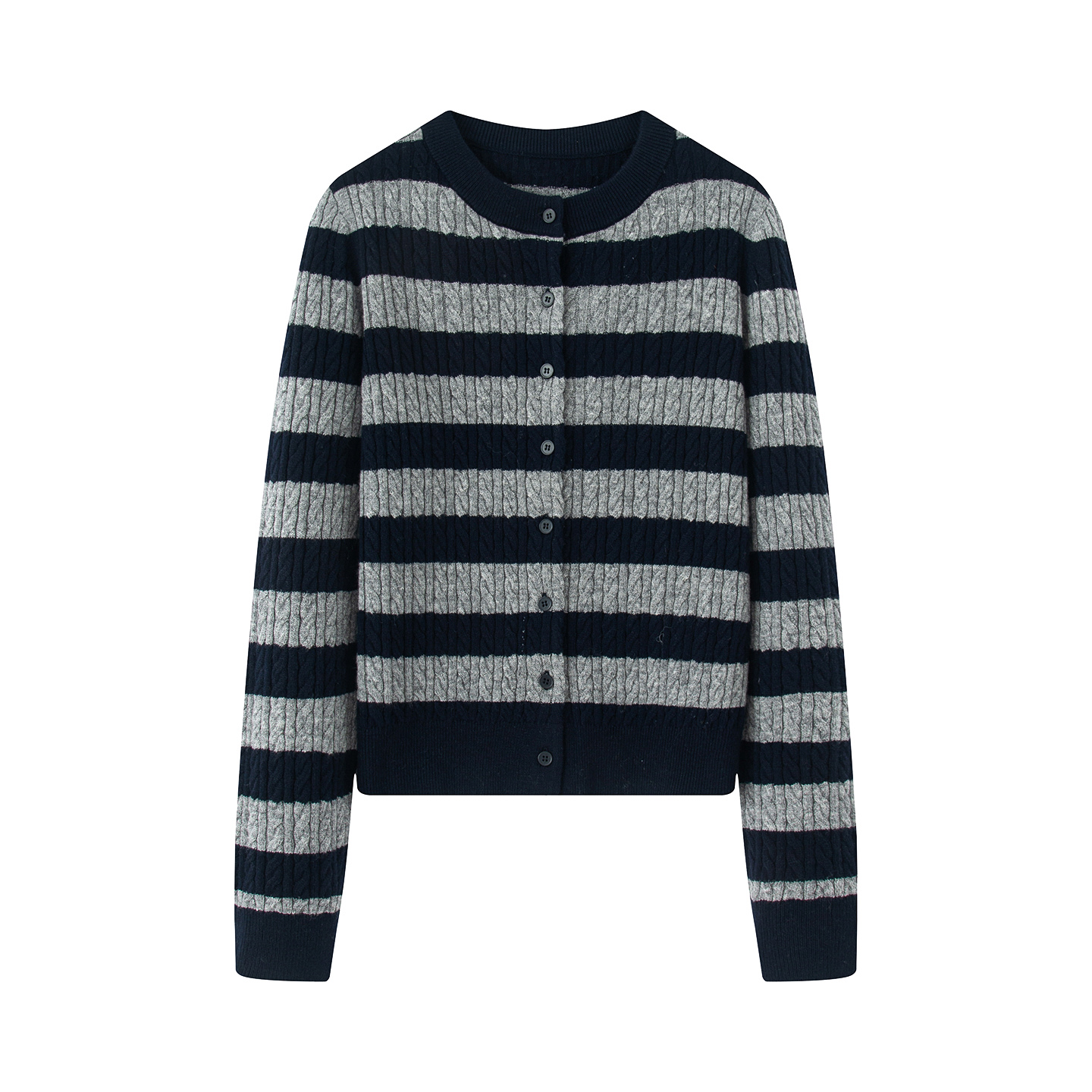 【艾家】针织衫女2025秋冬季新款圆领法式弹力条纹开衫复古上衣7125