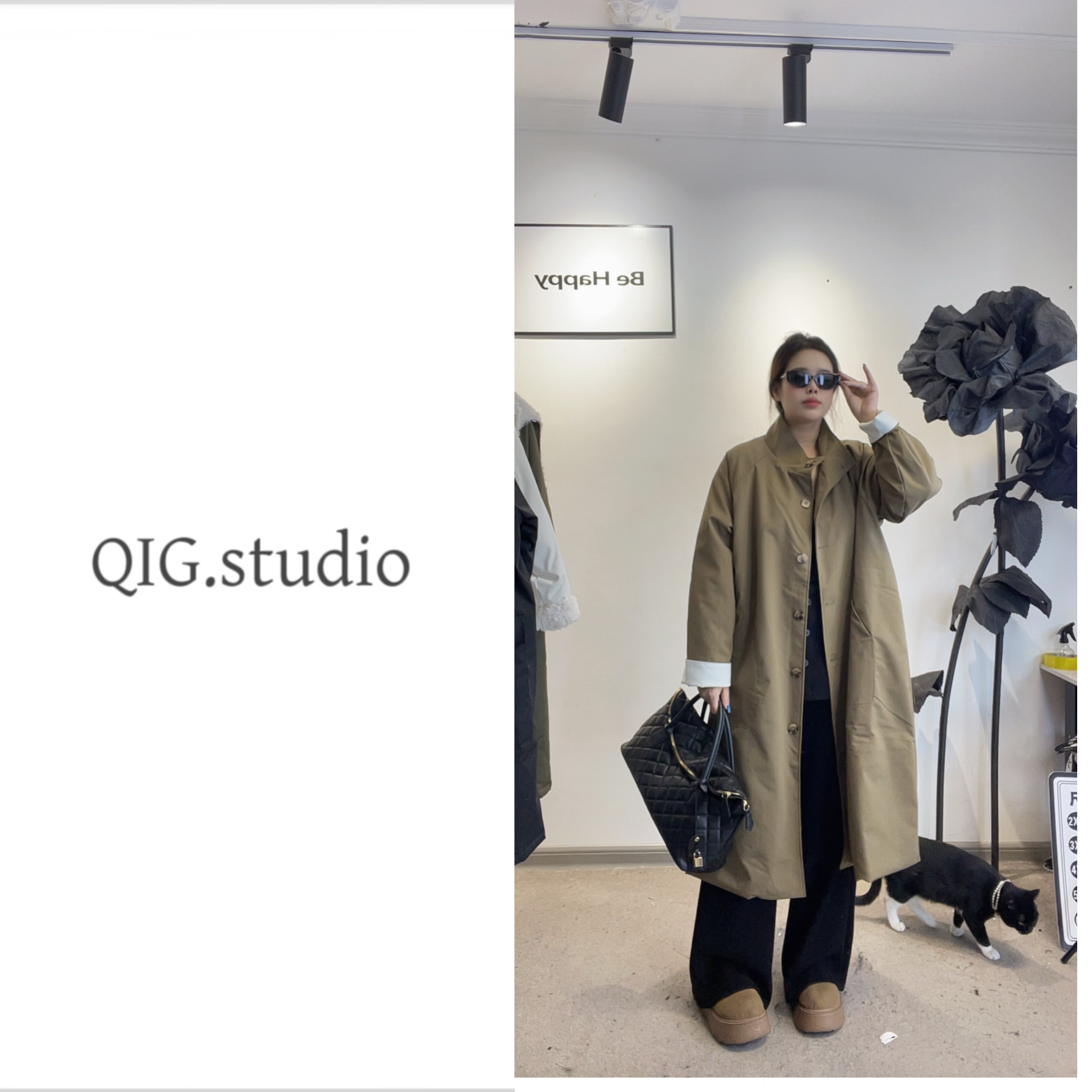 QIG长款纯色拼接长袖夹棉风衣冬季简约气质款保暖外套大衣