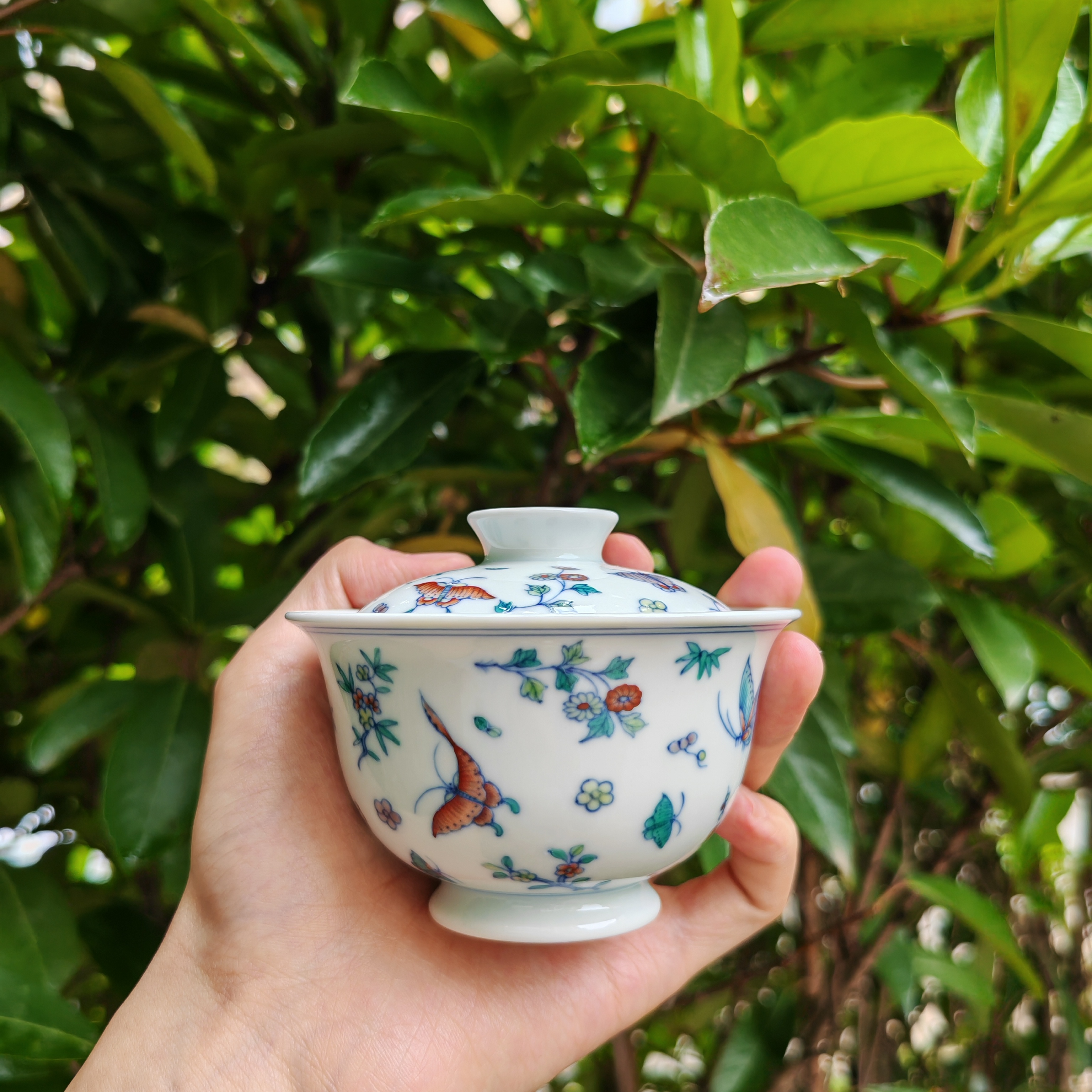 明逸堂中式小盖碗白瓷纯手工手绘陶瓷|青花斗彩蝶恋花盖碗茶具