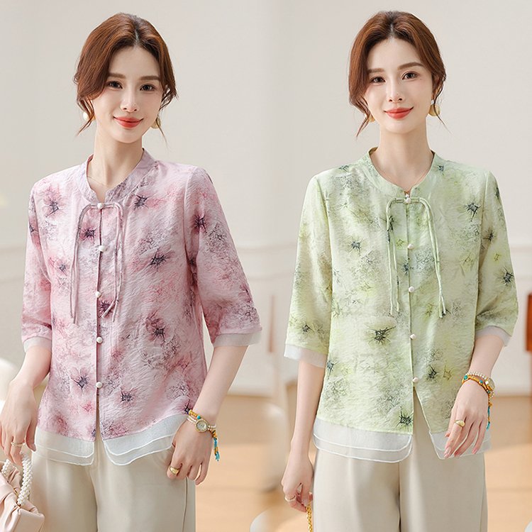 妈妈夏装新款洋气新中式中国风七分袖衬衣上衣中老年女新品衬衫女