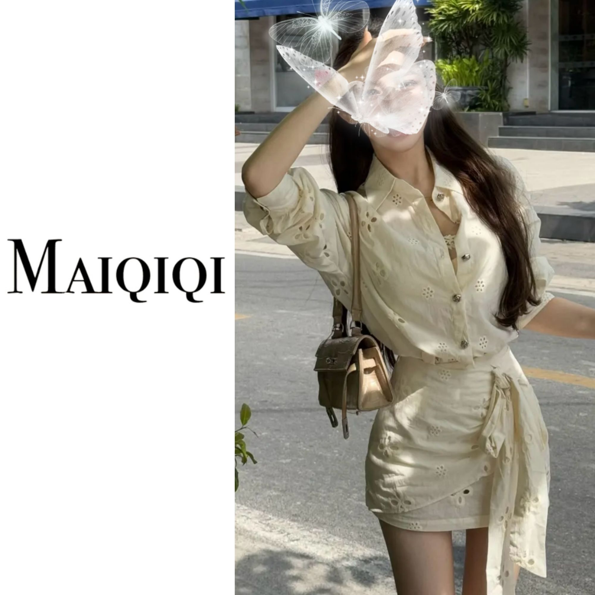 MaiQiQi 2025年早春新品高级感法式长袖镂空时尚百搭套装 A33