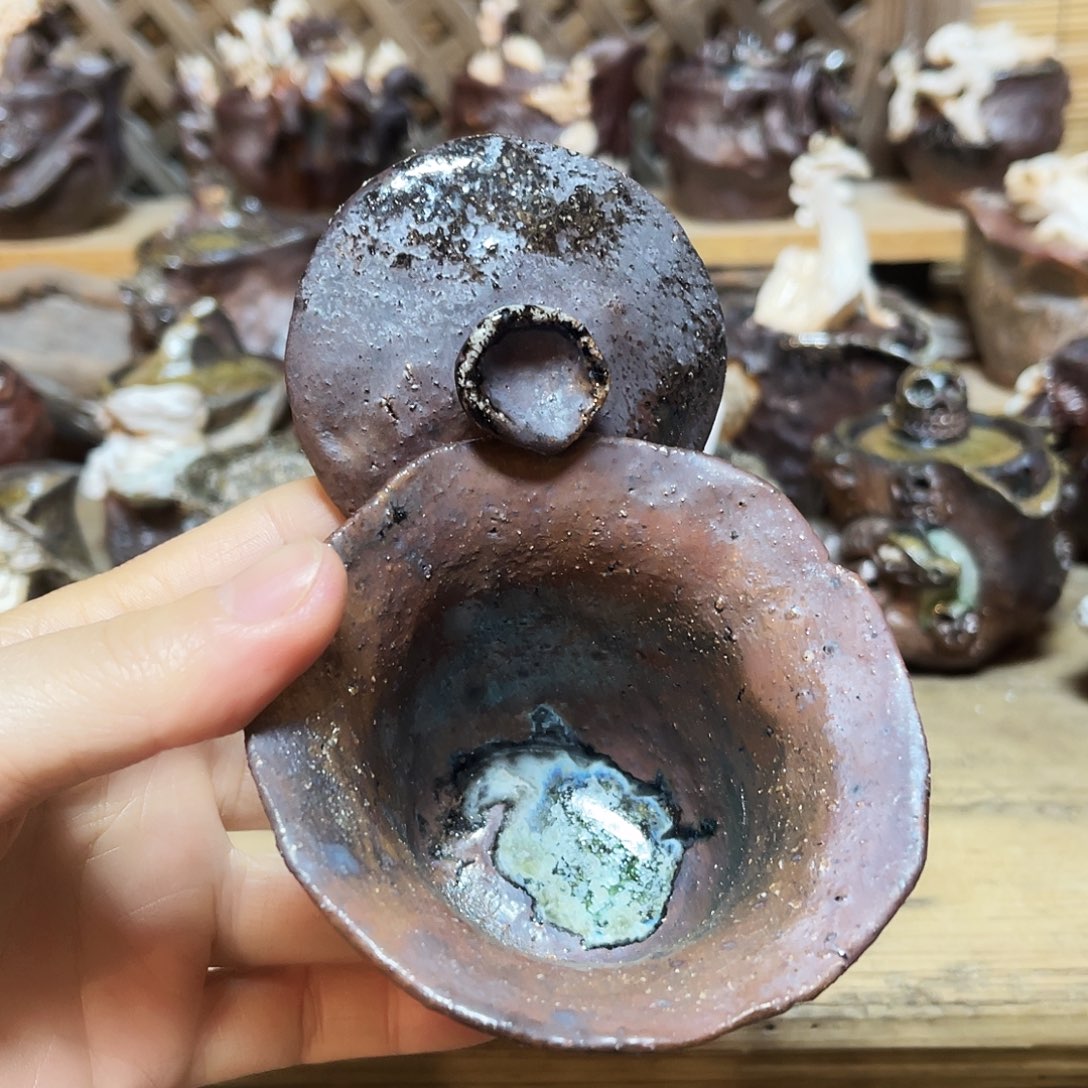 杯柴烧粗陶手捏盖碗