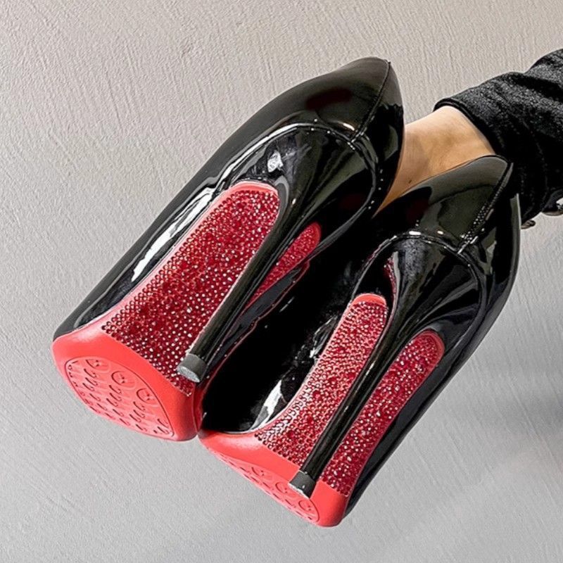 水钻红底高跟鞋女细跟2025春秋新款绝美性感黑色漆皮尖头法式单鞋