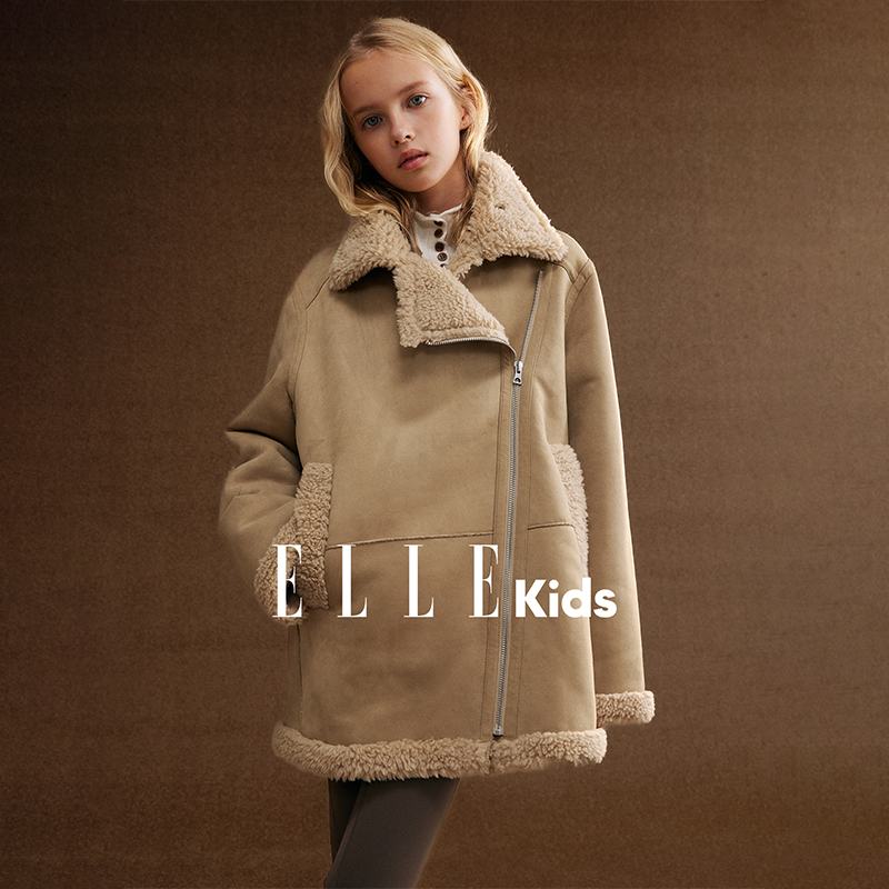 ELLE KIDS童装 A字版仿麂皮外套女童冬季毛边翻领复古时髦上衣D6