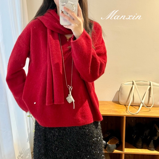 酒红色圆领套头慵懒风厚毛衣女冬季 直播专用链接