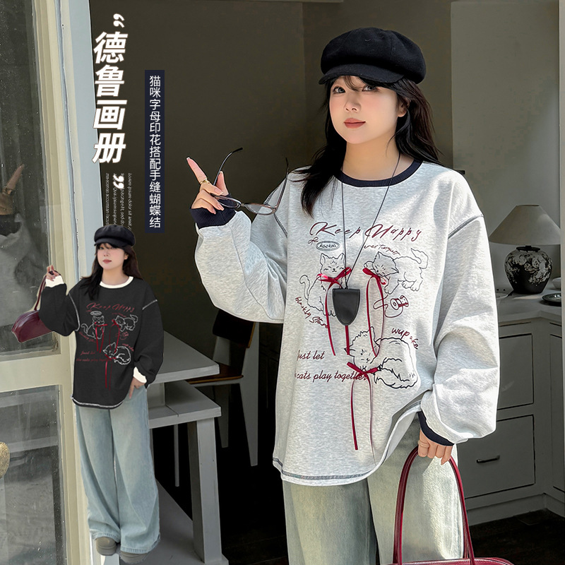 新颖潮流街头风2025初春成年女性大码素色黑色灰色萌趣猫咪印花俏