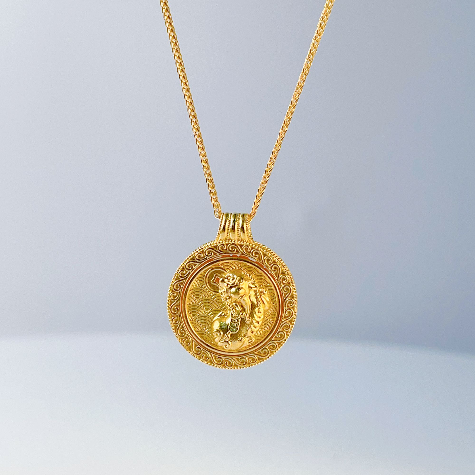 足金古钱币转动招财貔貅黄金复古套链