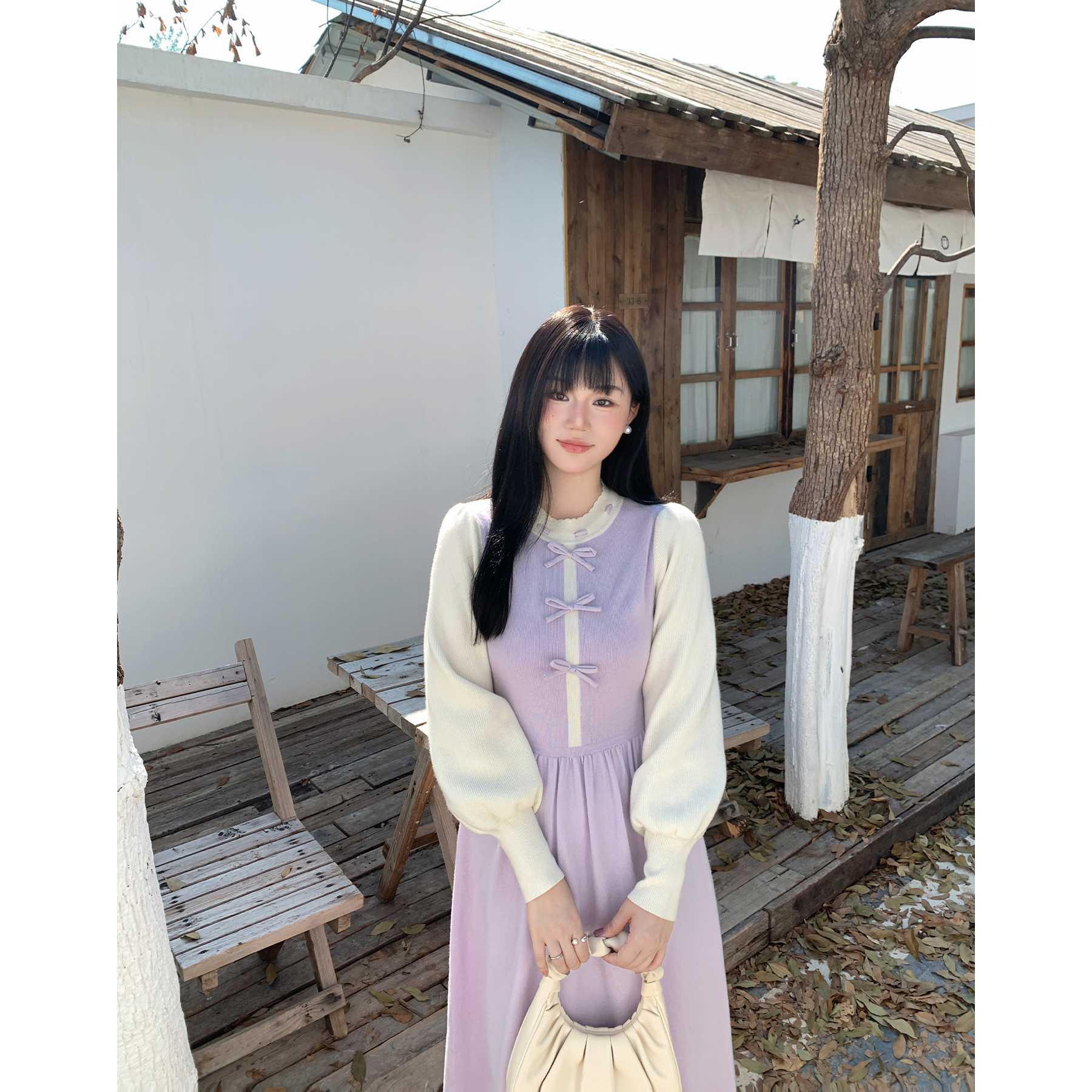 月半鱼【瑶蔓】连衣裙假两件拼接蝴蝶结针织收腰显瘦高级感冬长裙