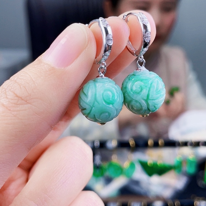 翡翠耳饰银S925镶嵌饰品