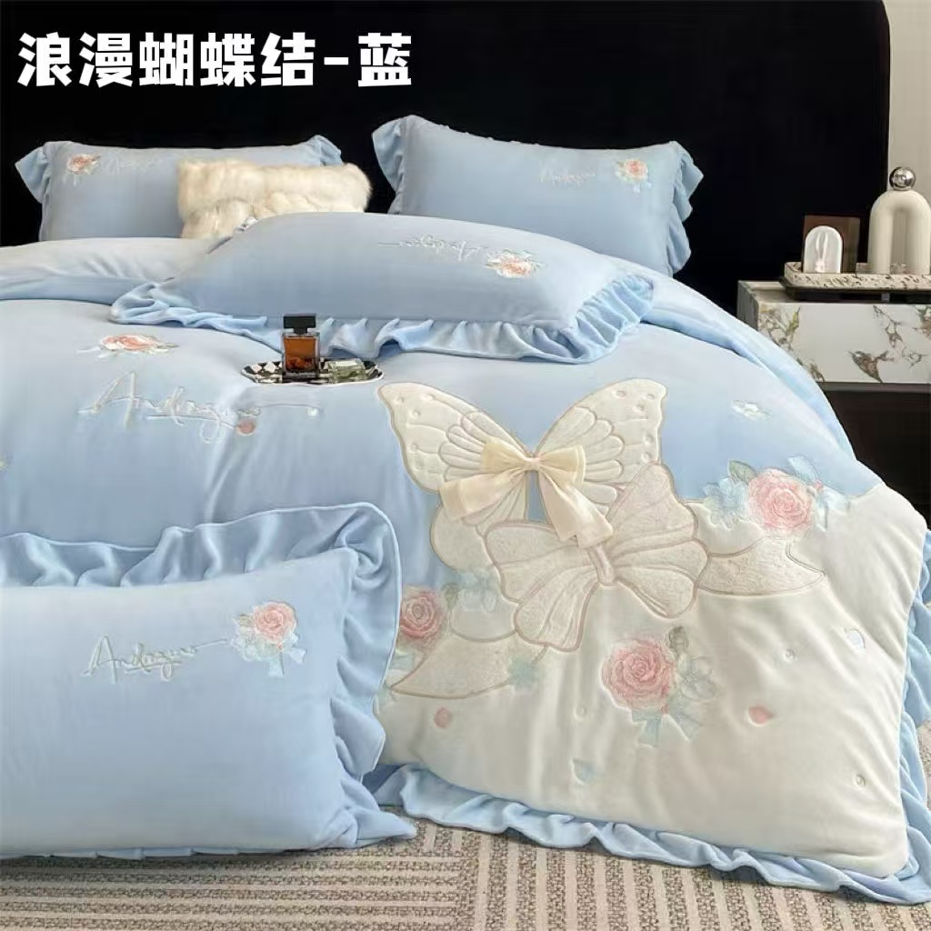  【专卖店系列】加厚牛奶绒四件套浪漫蝴蝶蓝色