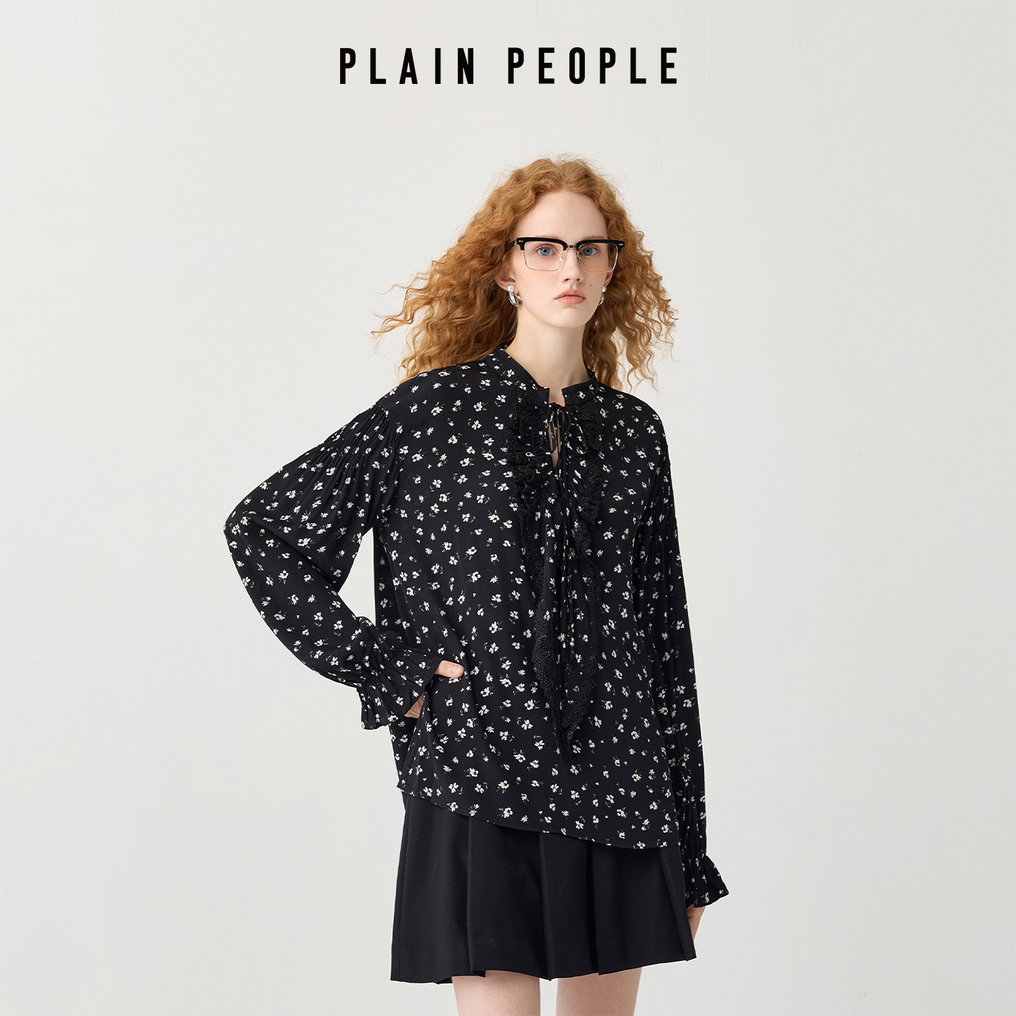 PLAIN PEOPLE法式浪漫印花荷叶边立领灯笼袖衬衫上衣女25秋新款