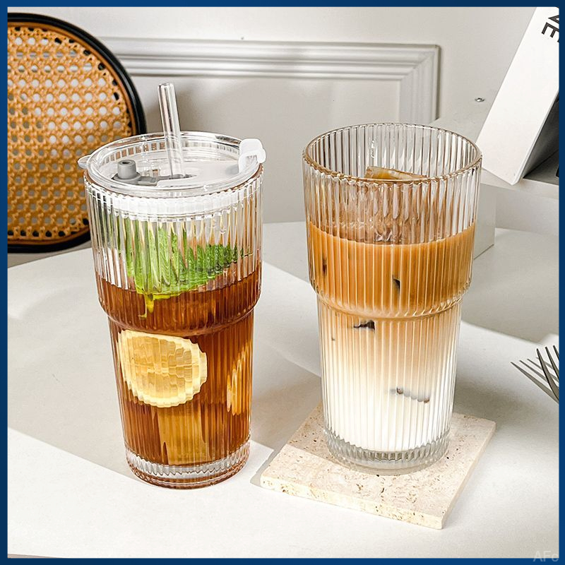 大容量玻璃杯水杯家用女高颜值ins风单层透明吸管带盖冷饮果汁杯