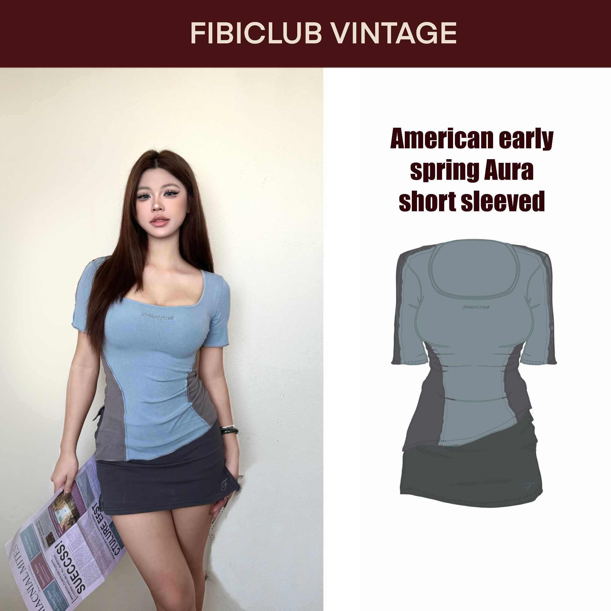 FIBICLUB-【美式早春Aura】不规则侧开叉收腰显瘦短袖T恤【原创设计】