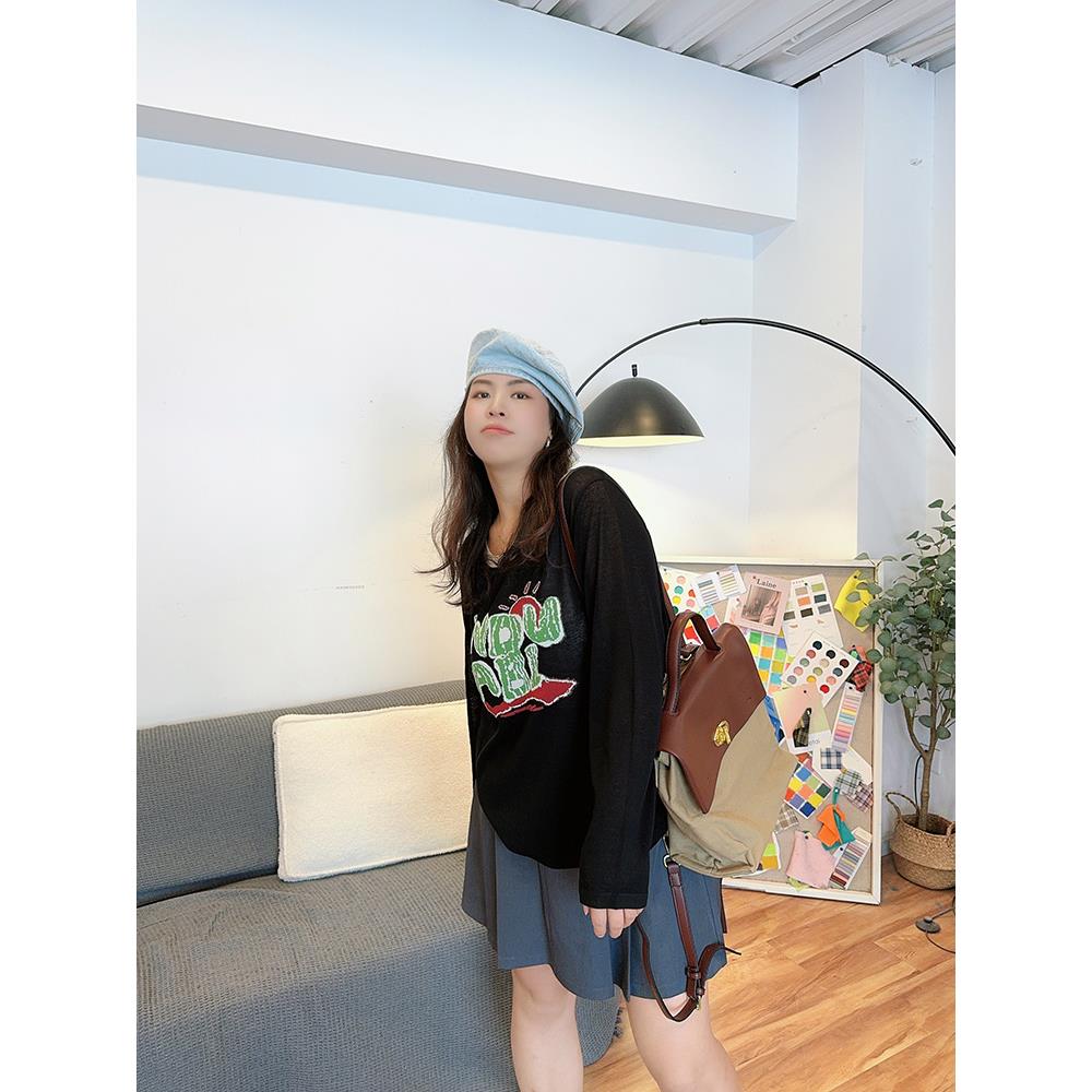 V L22717 胖mm2024秋季提花字母圆领长袖正肩针织衫上衣