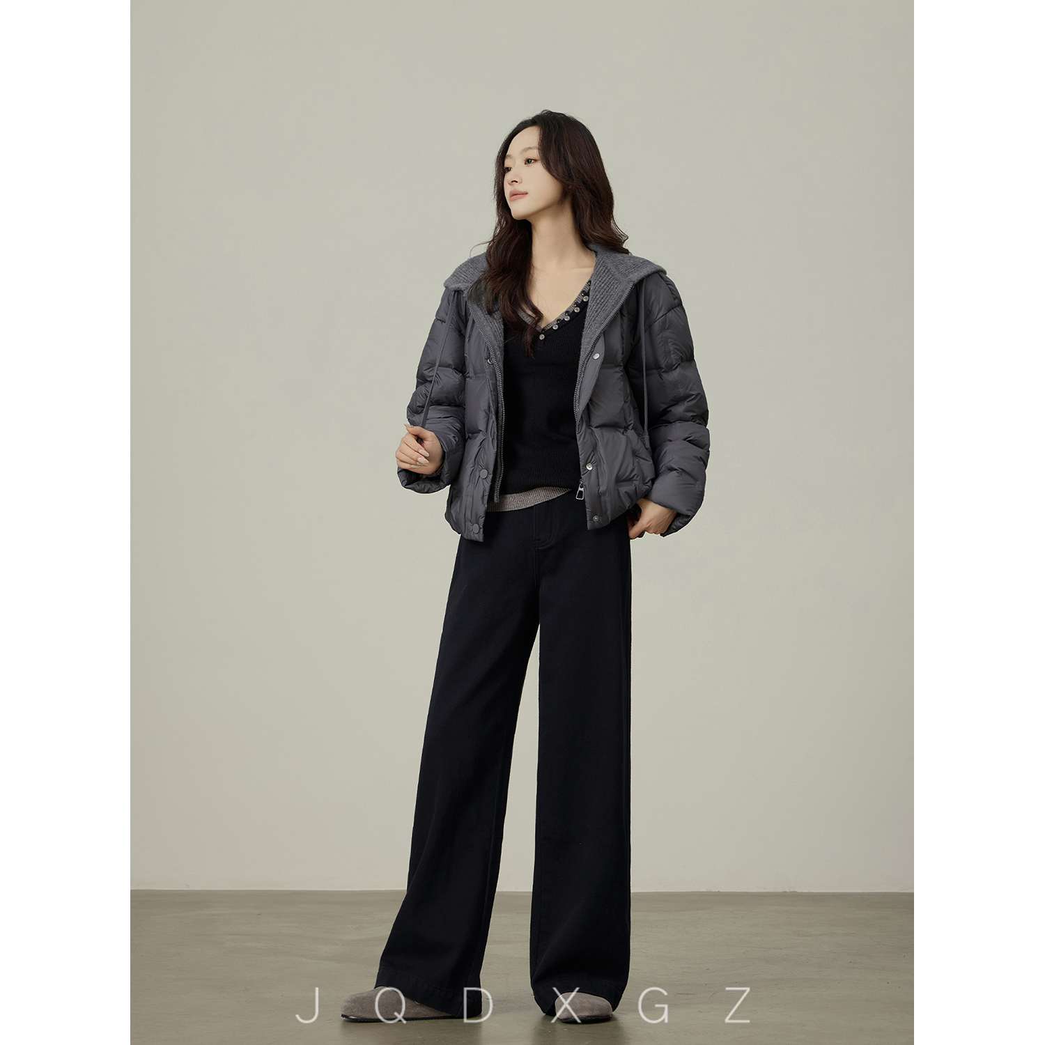 美式复古牛仔裤女秋冬款黑色宽松显瘦保暖舒适阔腿裤24CK072