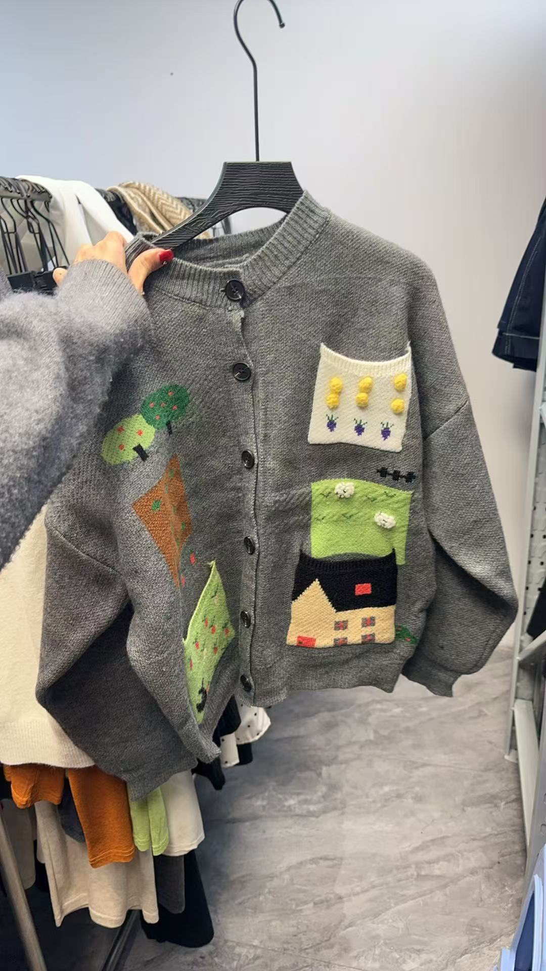 灰色薄款毛针织衫宽松秋冬宽松型潮流短款圆领春秋季