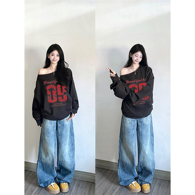 【ZHAP】斜领露肩新款卫衣女秋季新款黑色chic轻奢宽松加绒加厚外穿