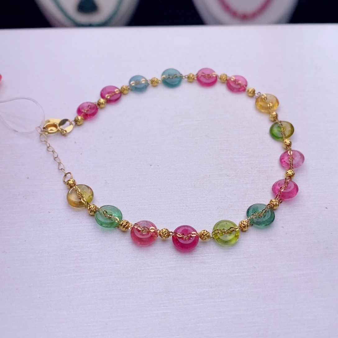 18K金镶嵌手链碧玺平安扣手链yy