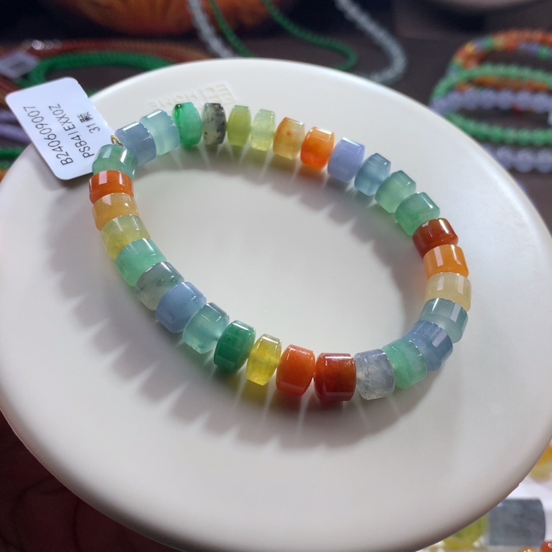 翡翠未镶嵌手链冰浓彩多巴胺彩虹桶珠手串 卡7.9~8.2