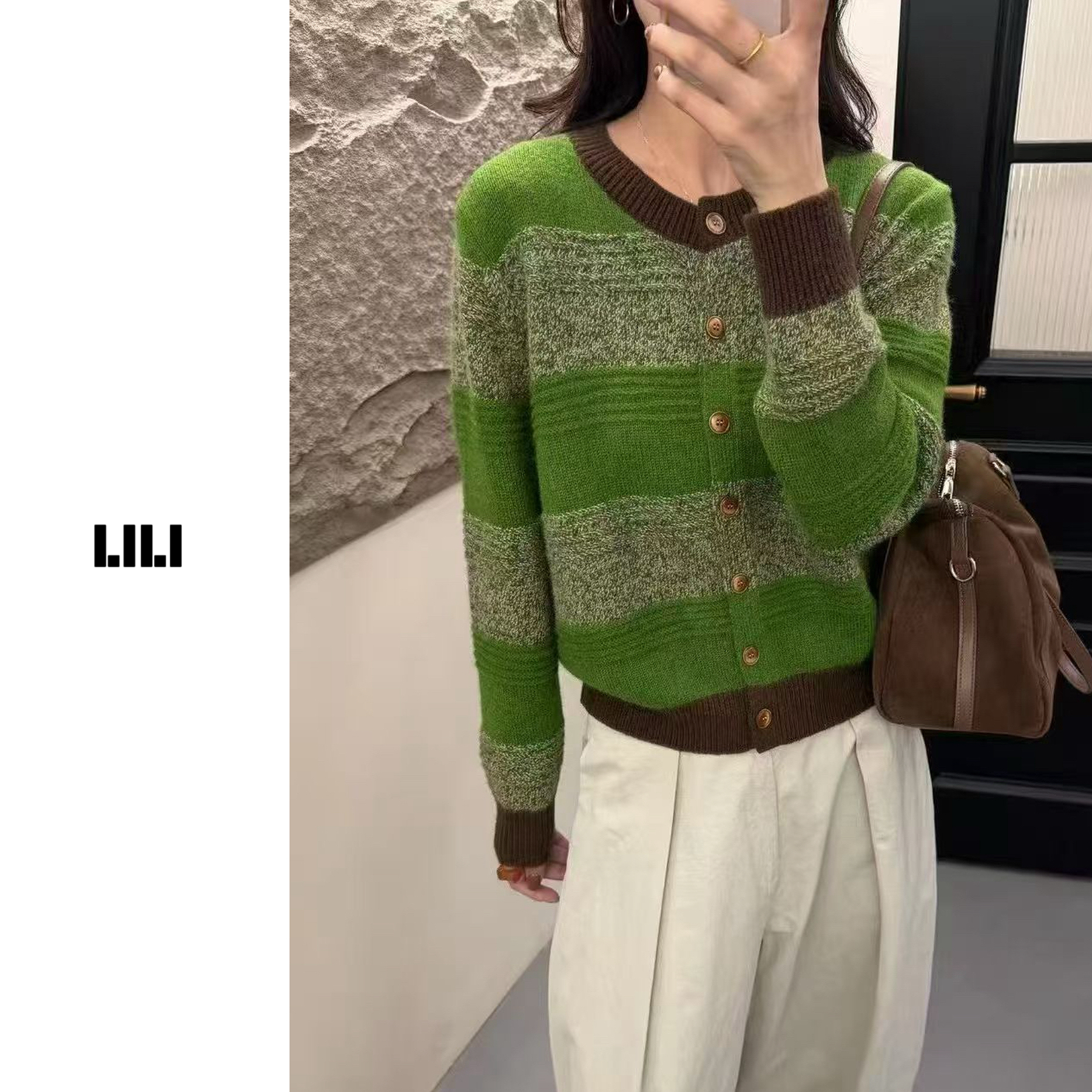 绿色可露丽 2025秋冬新款羊毛混纺圆领小毛衣时尚百搭开衫女Q003