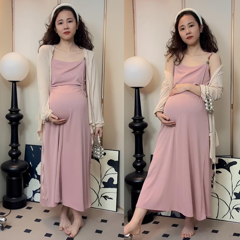 孕妇穿夏季柔和桃粉吊带连衣裙垂感长裙吊带裙子慵懒外套两件套