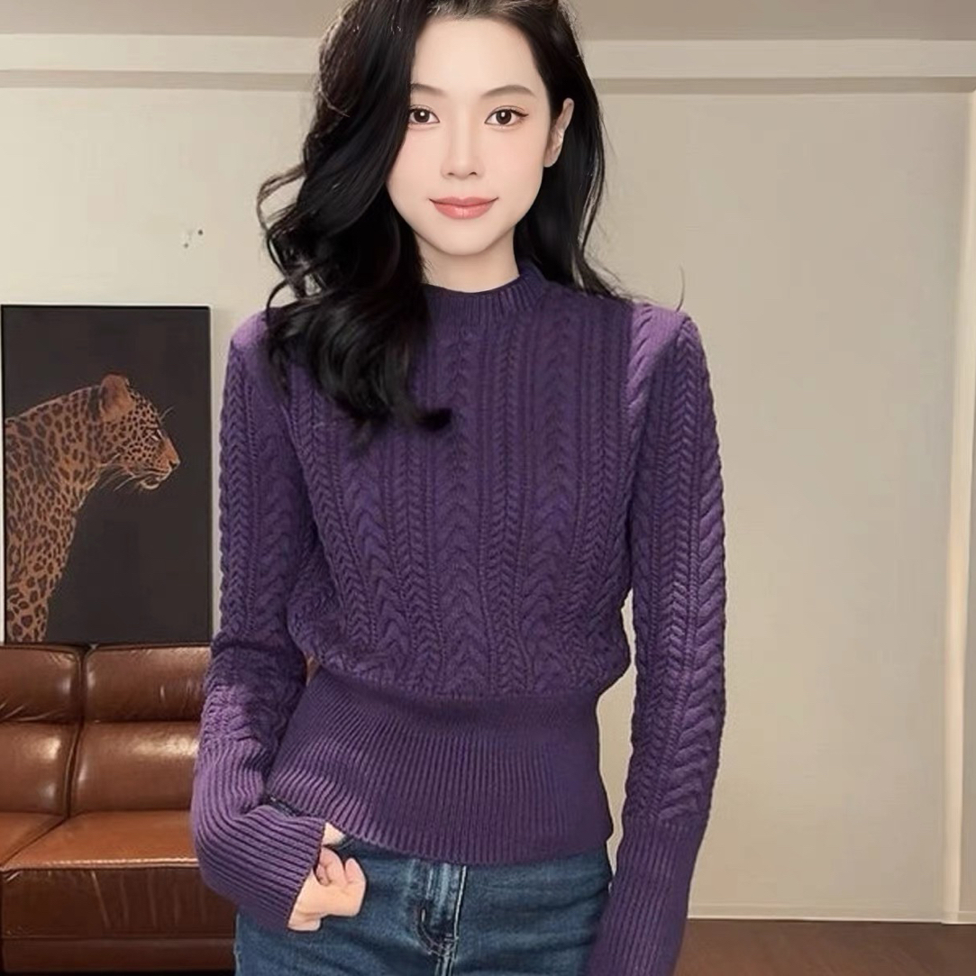 巨好看的韩系复古麻花立领针织衫上衣女秋冬收腰显瘦紫色打底毛衣