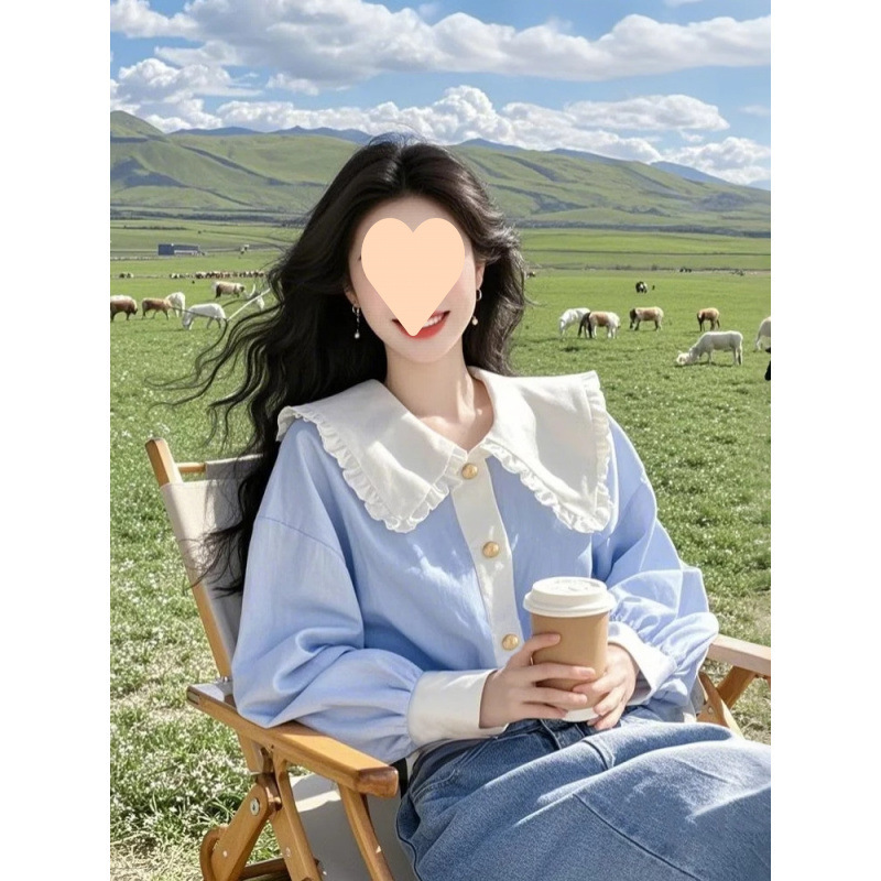 今年流行蓝色娃娃领衬衫女2025春季新款高级感好看洋气时髦衬衣