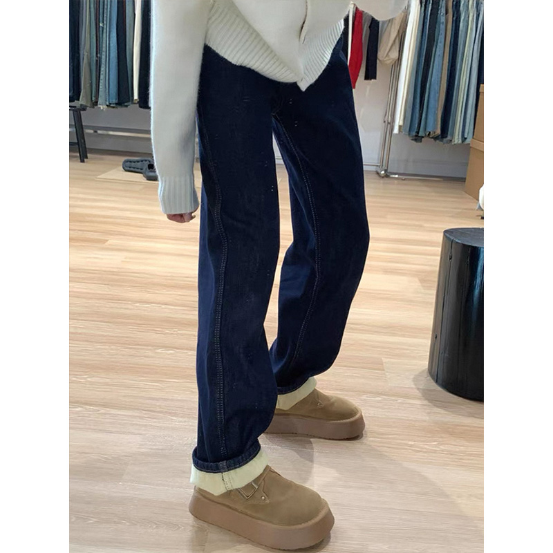美式秋冬加绒直筒牛仔裤女款爆款2025新款高腰显瘦百搭窄版阔腿裤