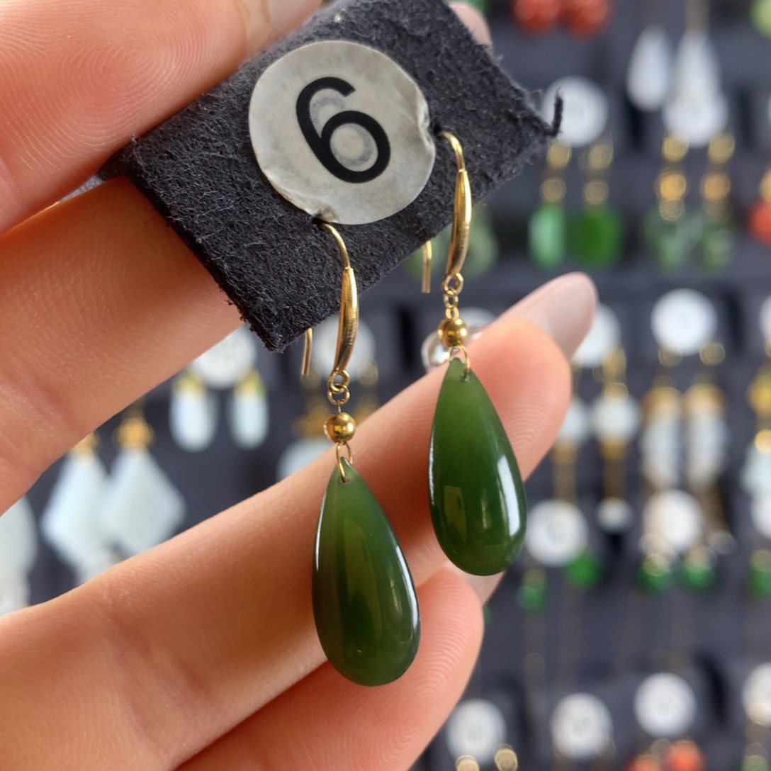 和田玉耳环18K金镶嵌