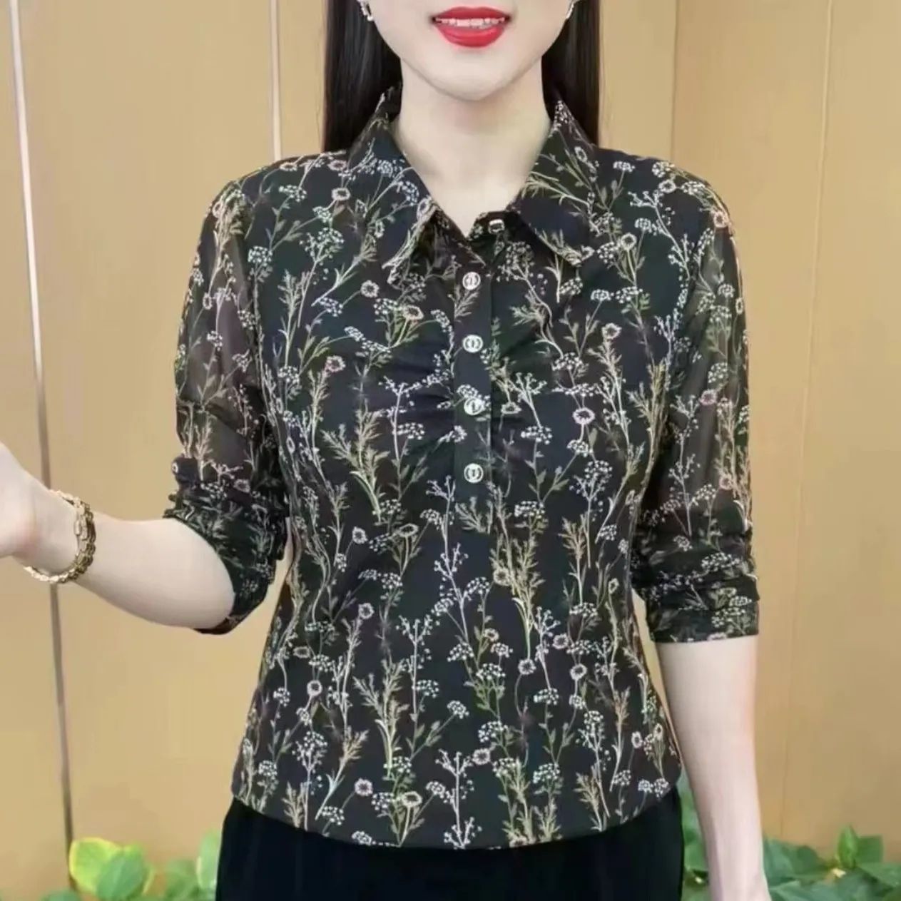 时尚长袖常规花鸟图案宽松碎花衬衫百搭常规款针织