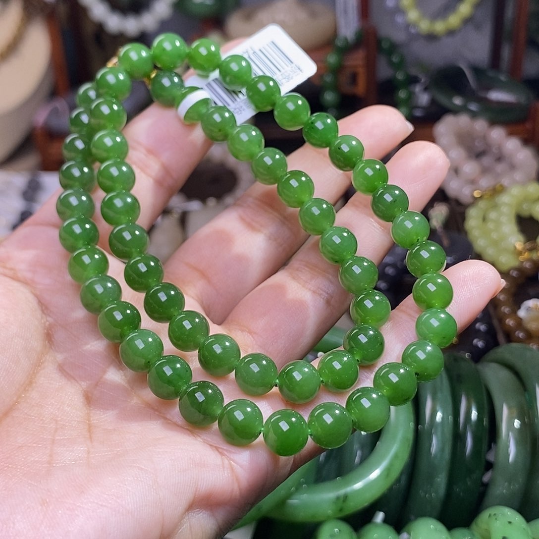 和田玉碧玉冰底满色满绿约8mm妈妈项链未镶嵌