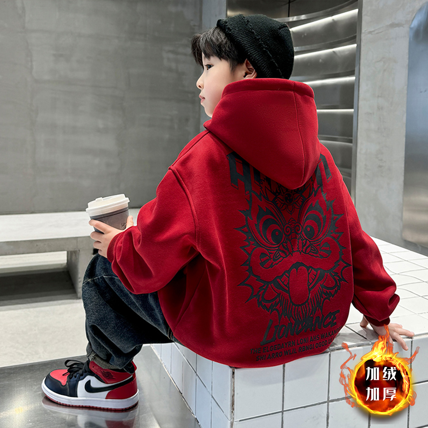 儿童冬款拜年服卫衣2026新款男童红色加绒上衣中大童男孩休闲时髦