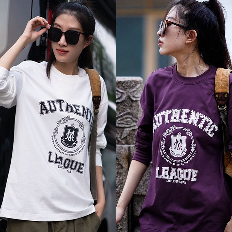 【聚】17166美式复古阿美咔叽机车风圆领韩版长袖T恤上衣