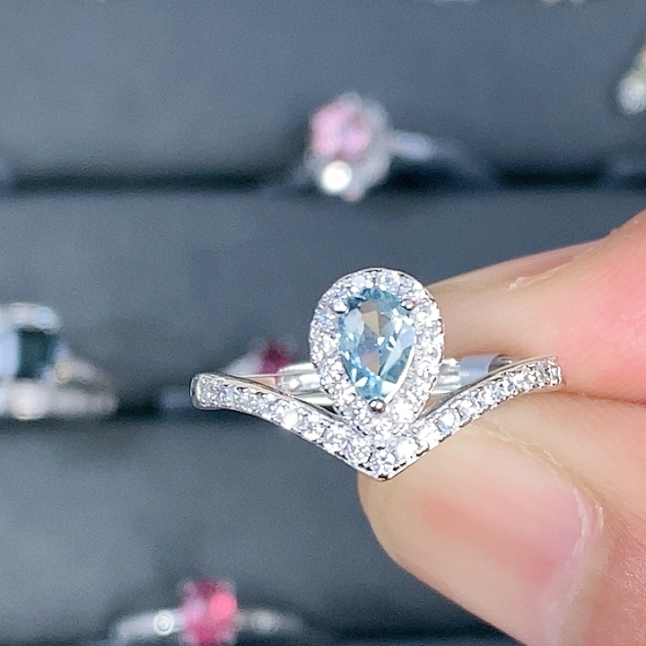 蓝色碧玺戒指银S925镶嵌