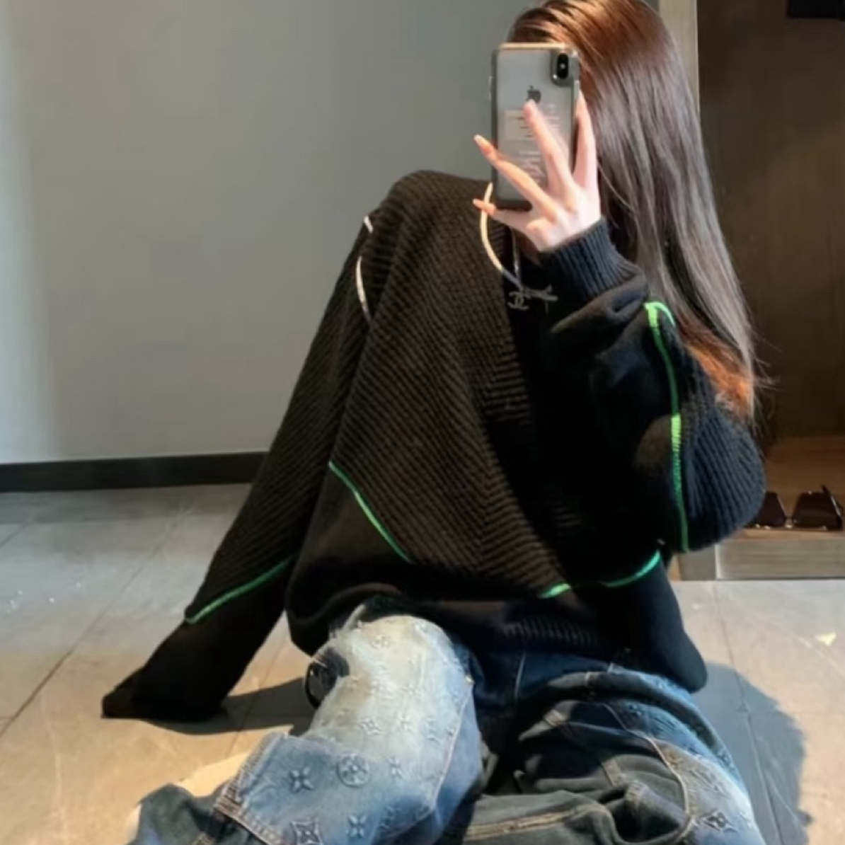 99新 BOTTEGA VENETA/葆蝶家 BV经典绿白线条毛衣 M码 01891