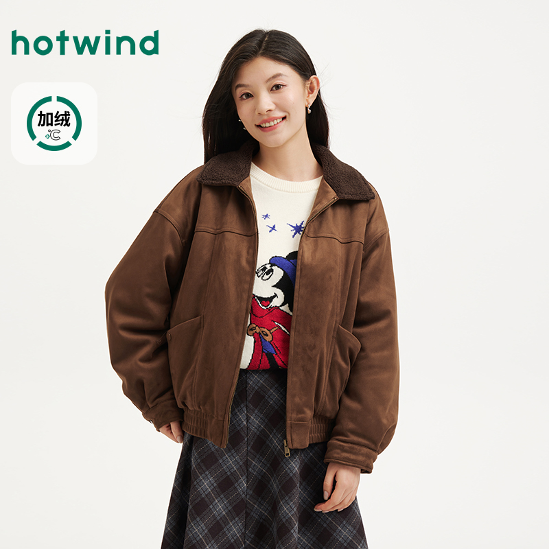 热风2025年冬季新款女士翻领短款百搭时尚外套加绒F07W25417秋冬