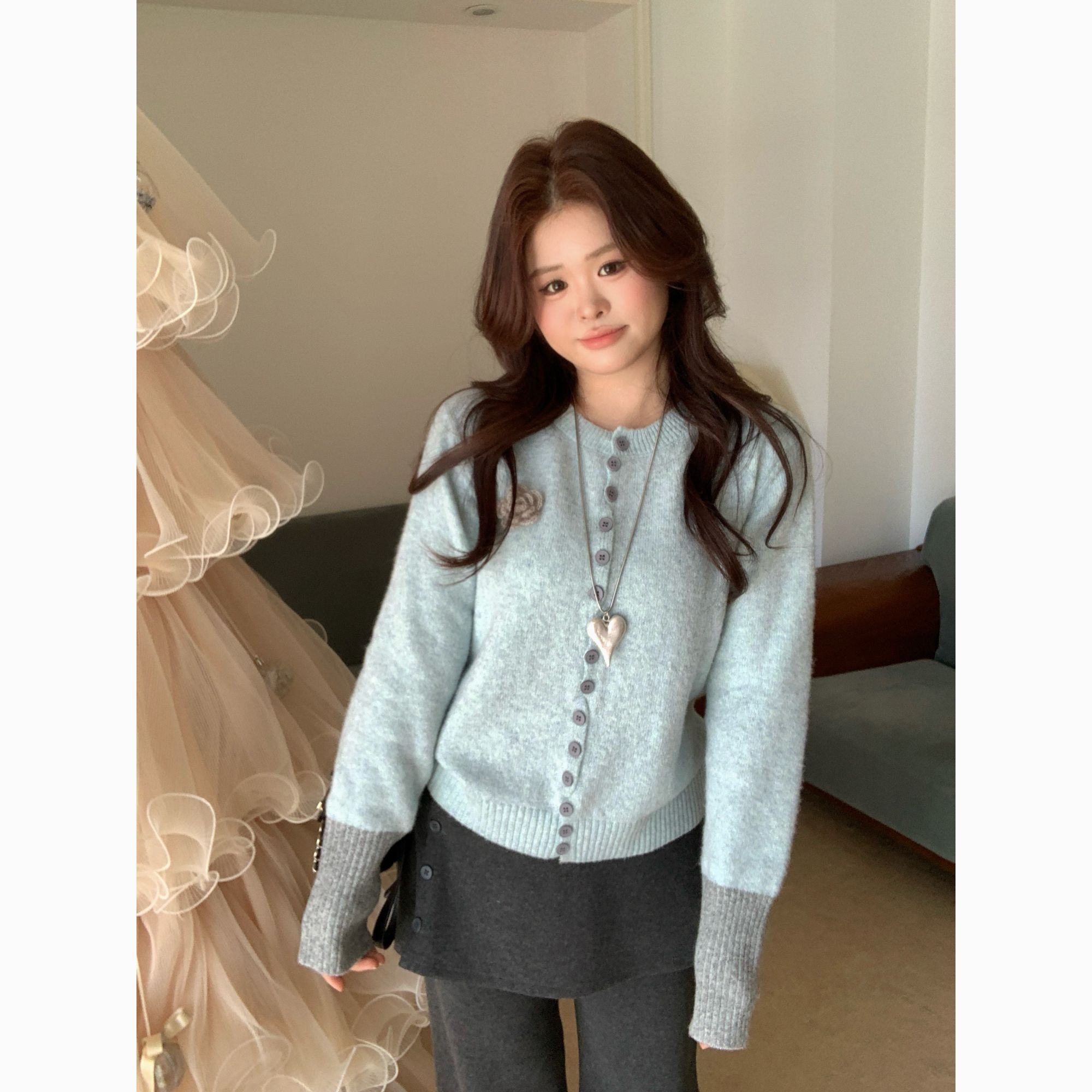 【晚风织梦】大头婷丫丫微胖巨好看圆领蓝色毛衣撞色设计长袖 ZX311