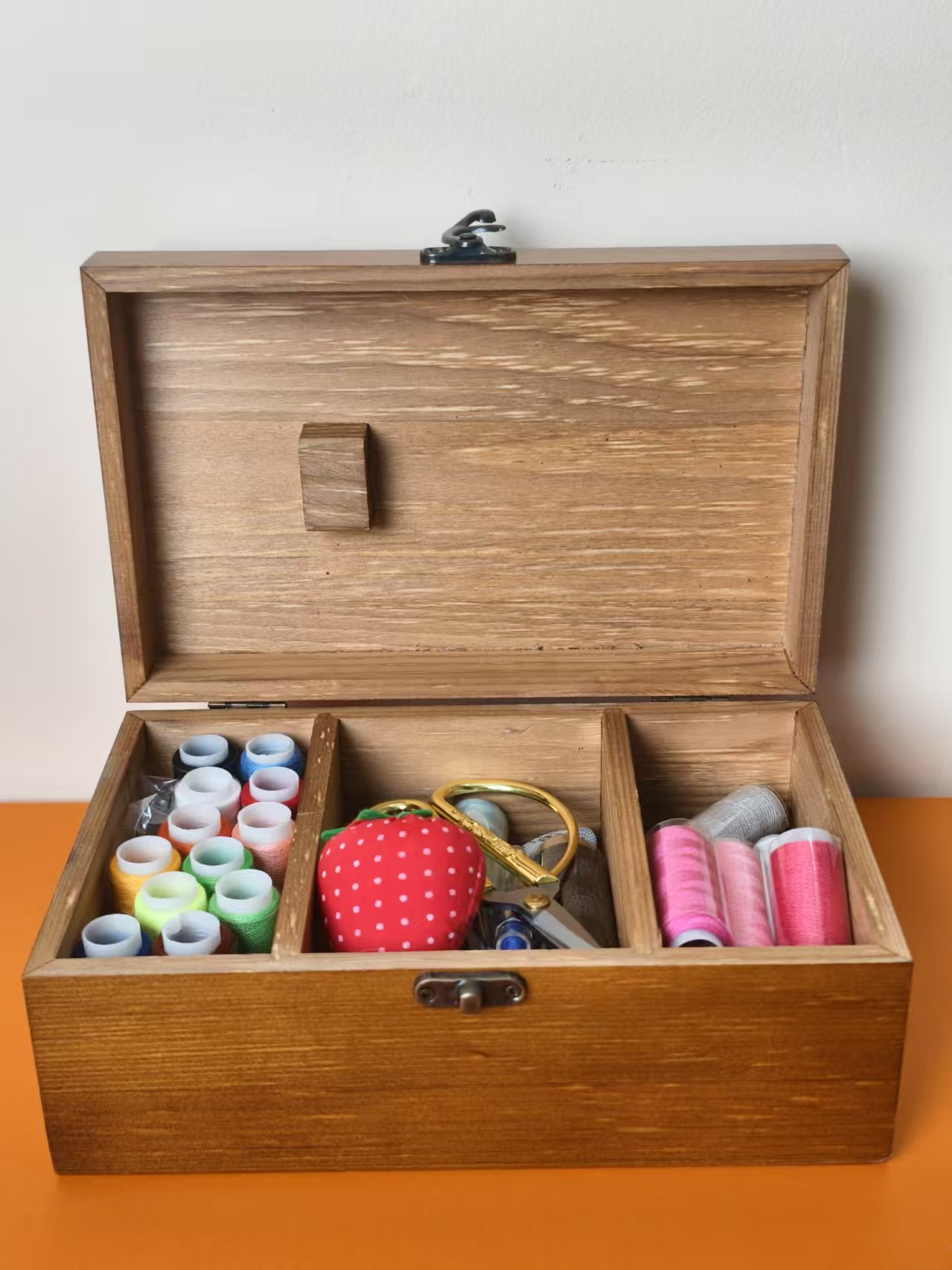 复古木质棕色家用针线盒便携多功能高档缝衣针线套装