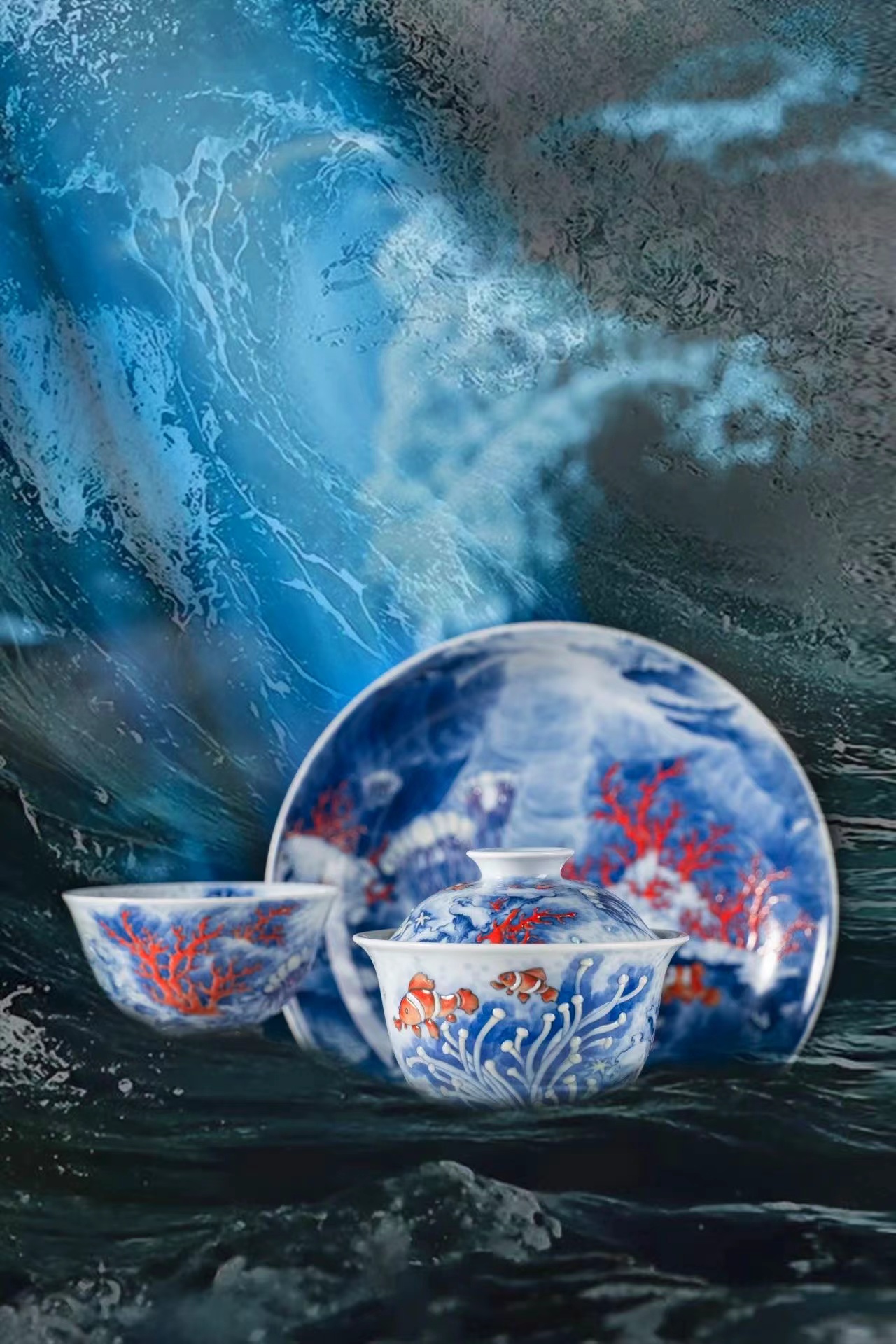 【器度甄选】六逸堂 青花斗彩 浮光系列 盖碗 壶承