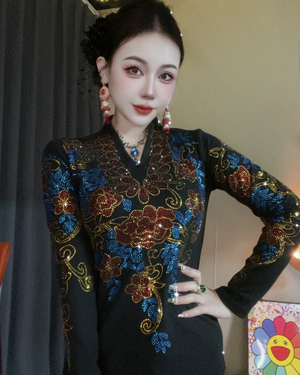 71祥云花双款打底衫女内搭秋冬新款时尚烫钻上衣修身显瘦