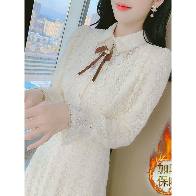 蕾丝连衣裙女2025年秋冬新款气质收腰显瘦长袖加绒保暖百搭打底裙